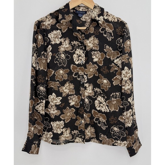 Vtg Ann Taylor 100% Silk Floral Blouse Brown Black Size 2 Career Preppy - Picture 1 of 8